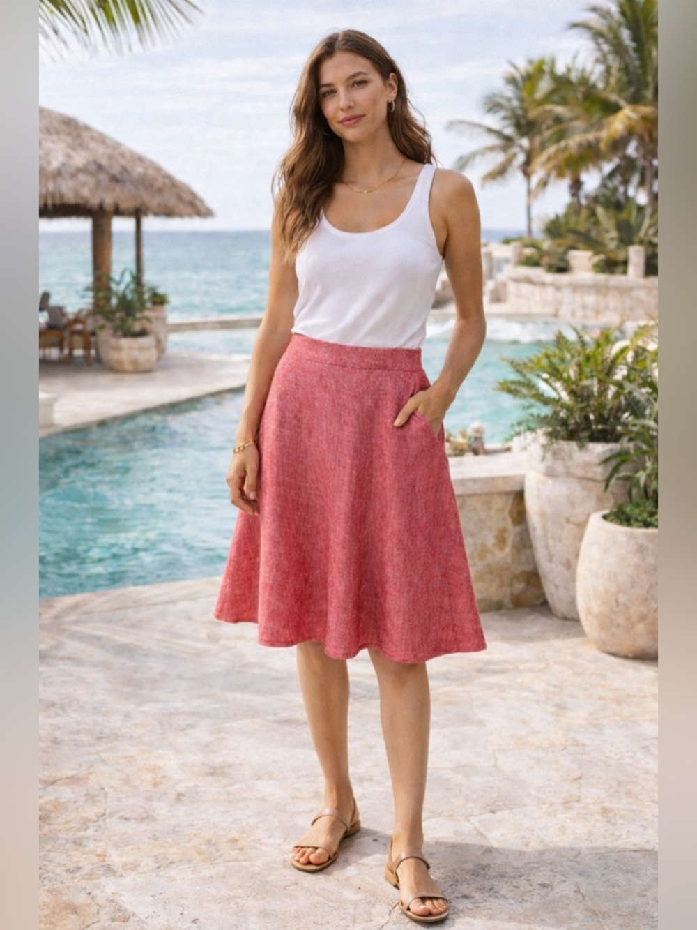 Banana Republic 100% Linen A-Line Swing Skirt Red Pink Size 0 (Fits S) Summer